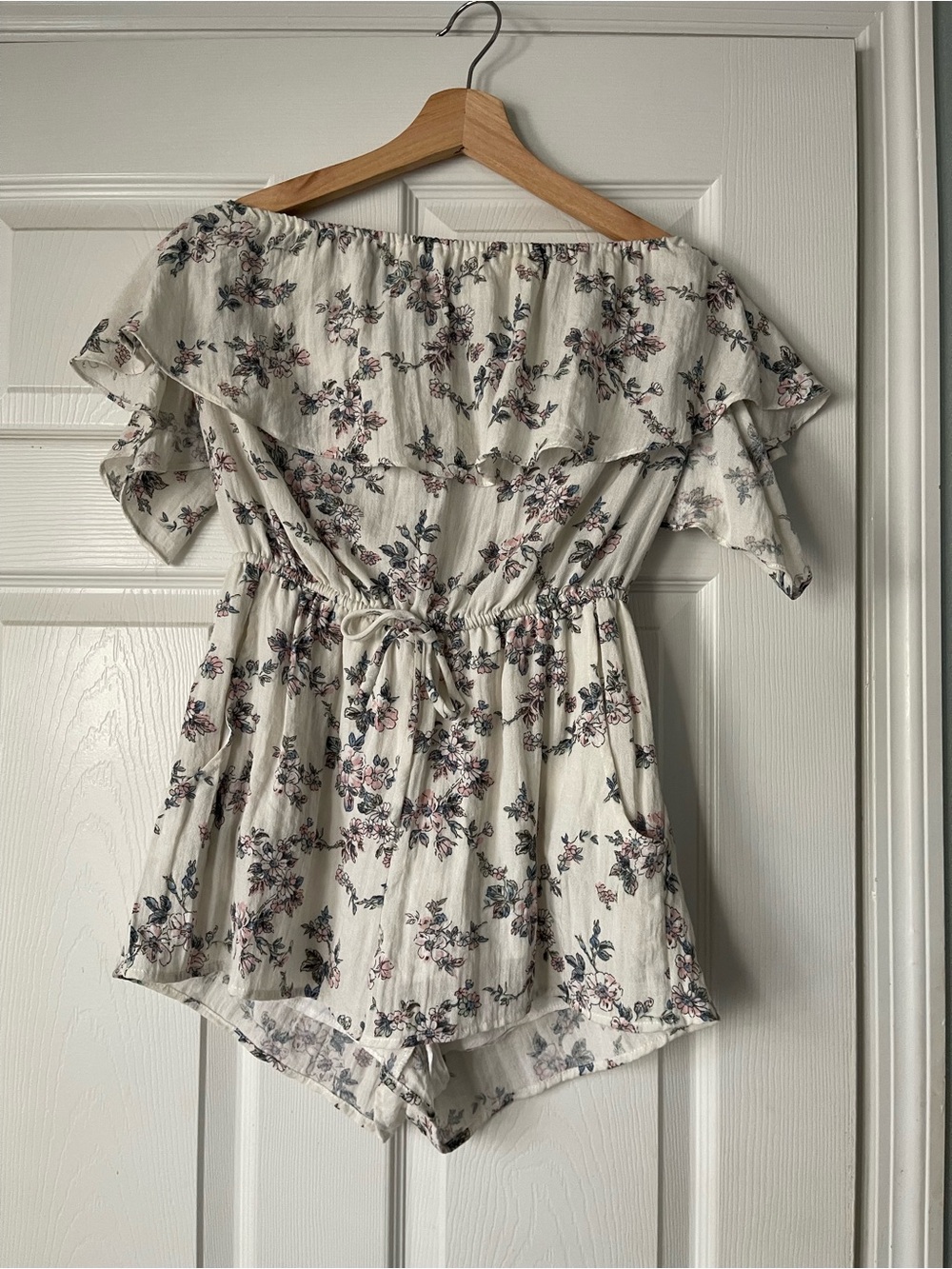 Off-Shoulder Floral Romper in Cream with Dusty Rose and Sage Accents